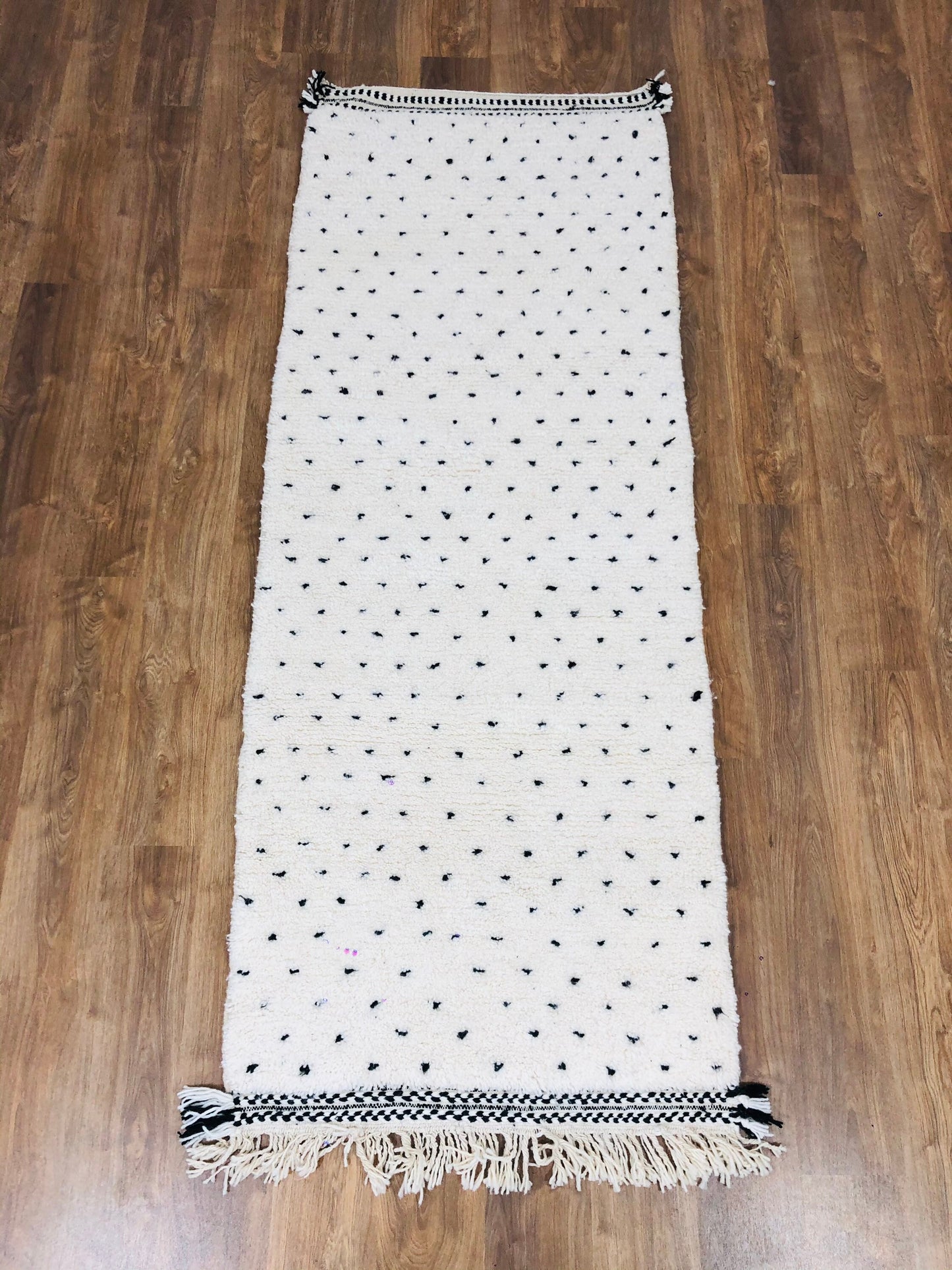 Custom Handmade White Wool & Black Dots Beni Ourain Runner - MarrakeshLoom