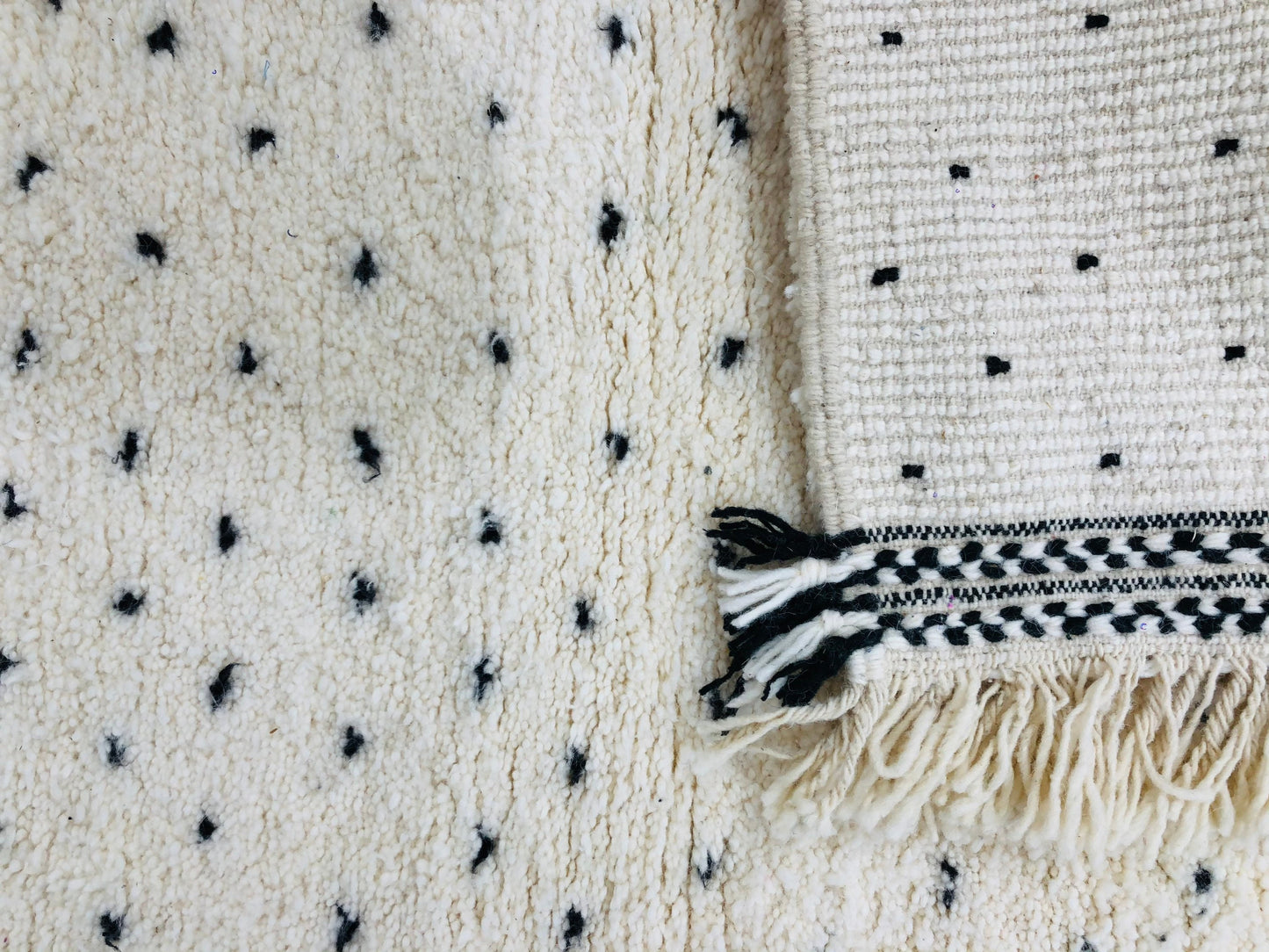 Custom Mid-Century Scandinavian White Wool & Black Dots Beni Ourain Rug - MarrakeshLoom