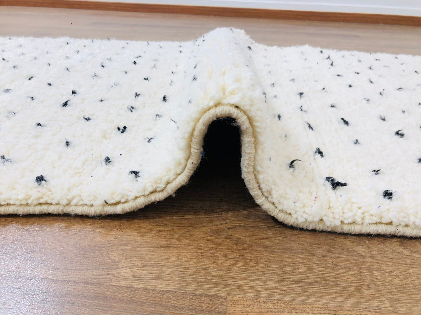 Custom Mid-Century Scandinavian White Wool & Black Dots Beni Ourain Rug - MarrakeshLoom
