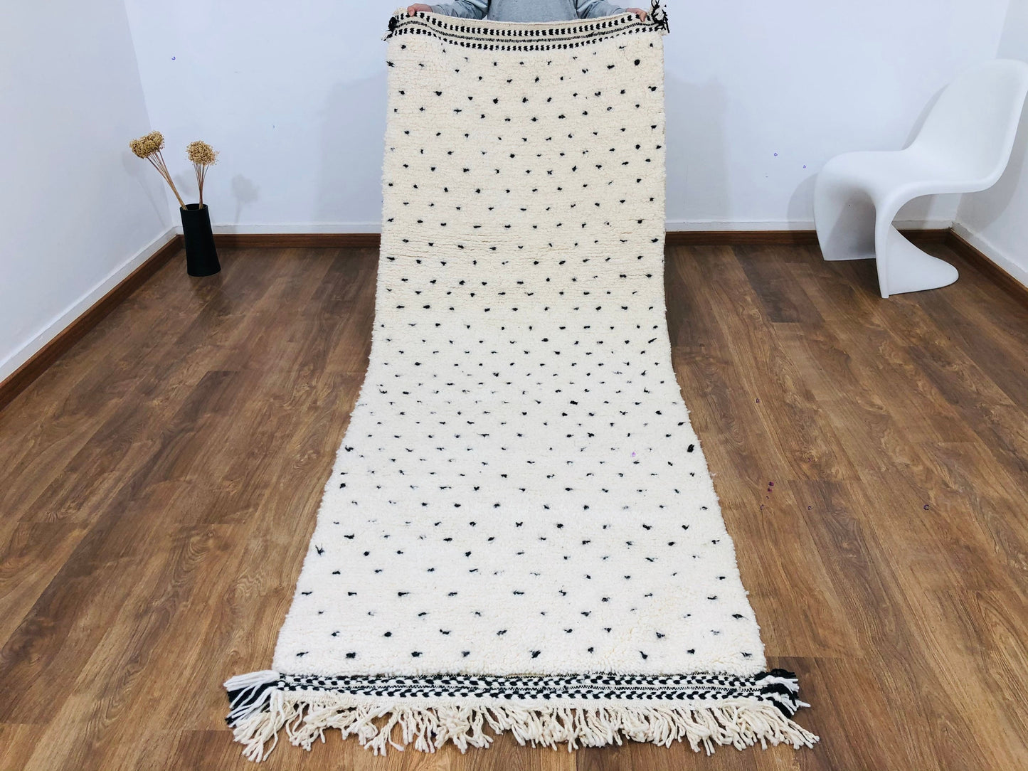 Custom Mid-Century Scandinavian White Wool & Black Dots Beni Ourain Rug - MarrakeshLoom