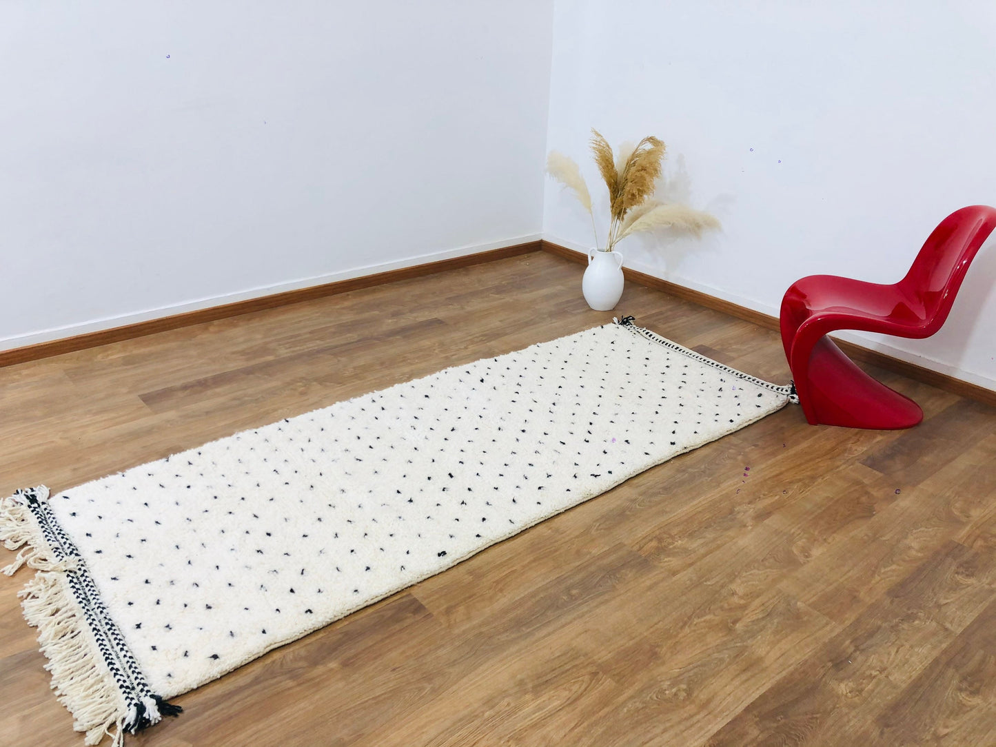 Custom Mid-Century Scandinavian White Wool & Black Dots Beni Ourain Rug - MarrakeshLoom