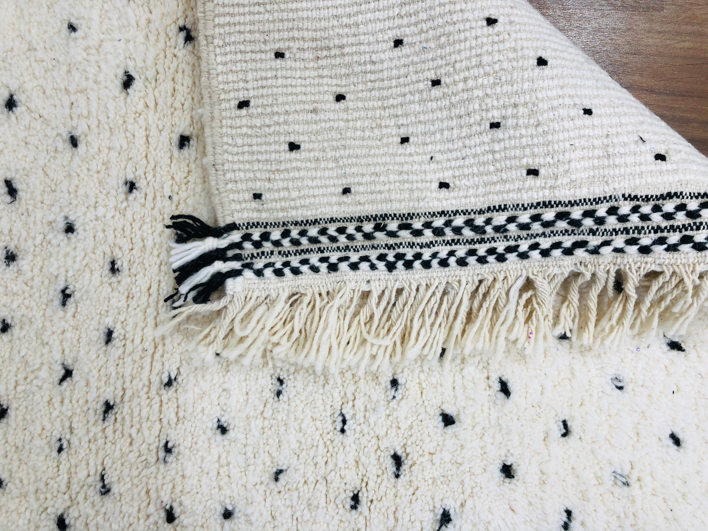 Custom Mid-Century Scandinavian White Wool & Black Dots Beni Ourain Rug - MarrakeshLoom