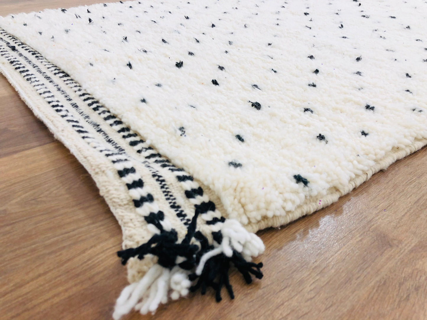 Custom Mid-Century Scandinavian White Wool & Black Dots Beni Ourain Rug - MarrakeshLoom