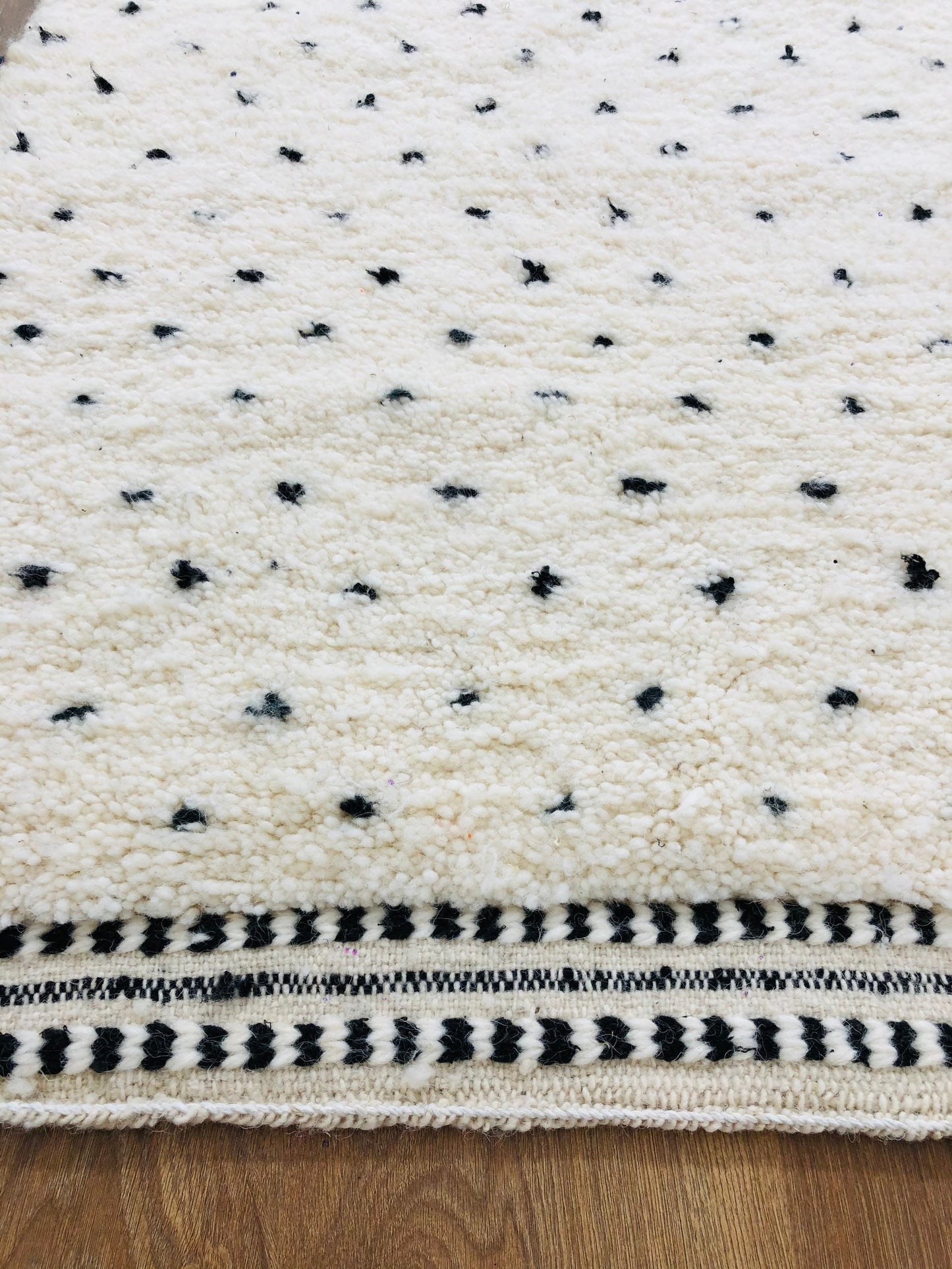 Custom Mid-Century Scandinavian White Wool & Black Dots Beni Ourain Rug - MarrakeshLoom