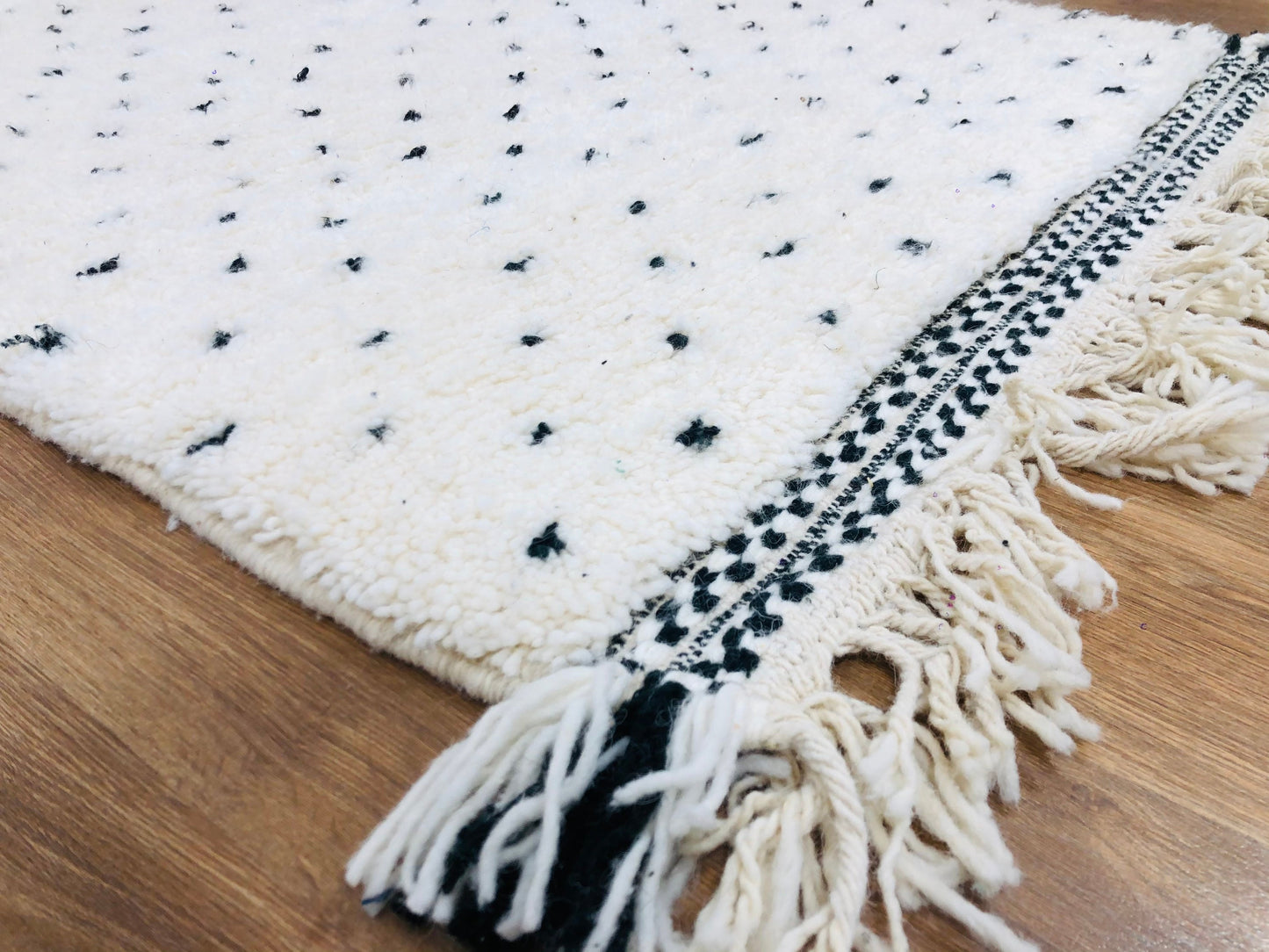 Custom Mid-Century Scandinavian White Wool & Black Dots Beni Ourain Rug - MarrakeshLoom