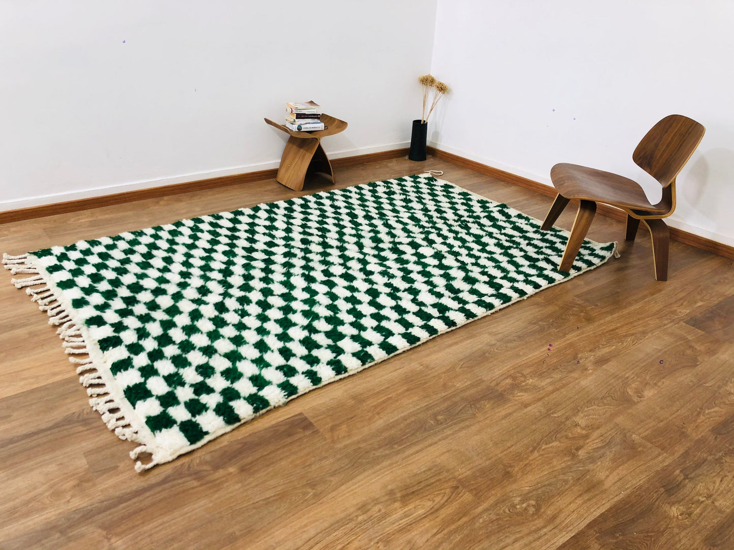 Custom Handmade Moroccan Checkered Beber White & Green Wool Handwoven Rug - MarrakeshLoom