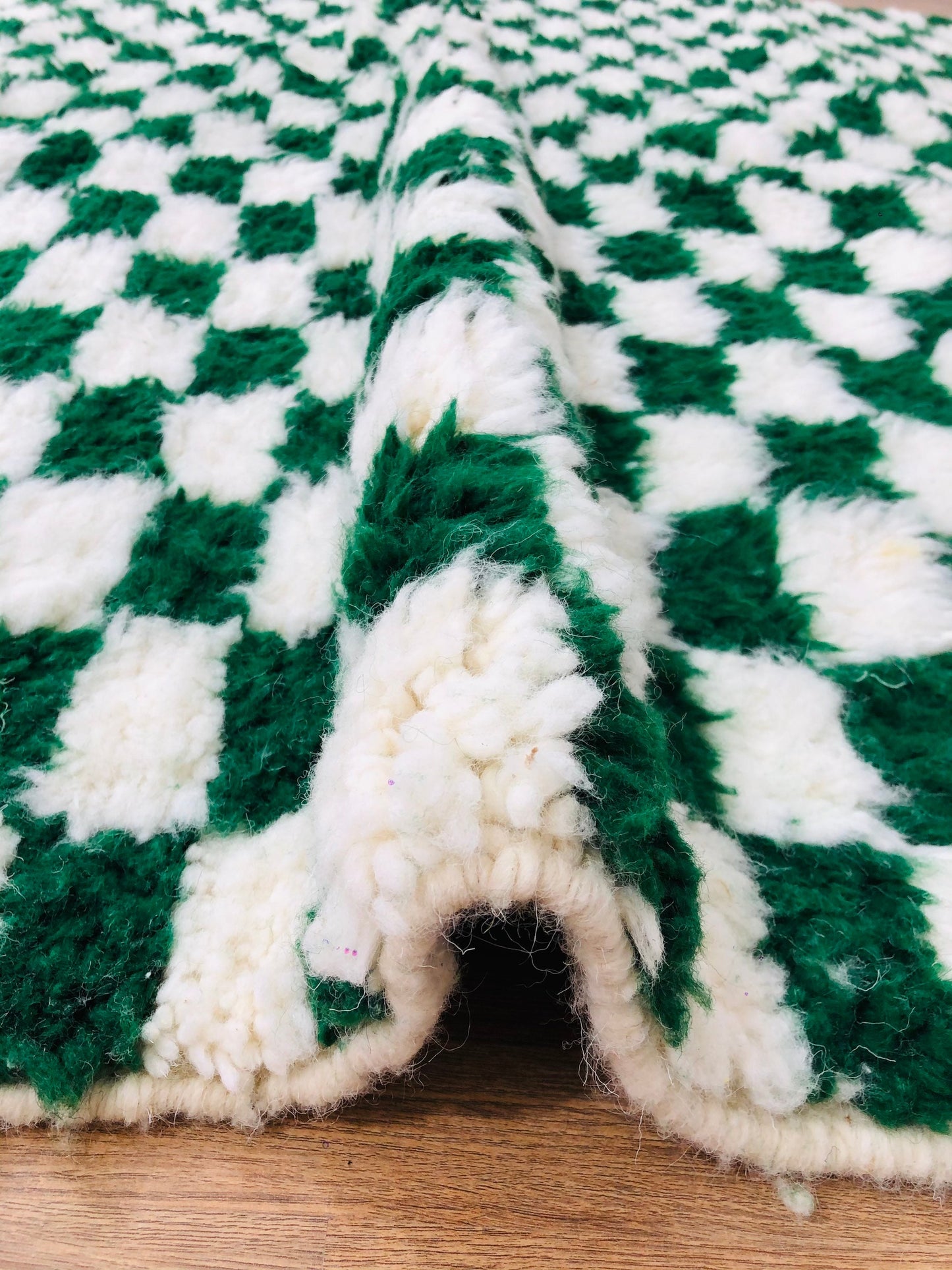 Custom Handmade Moroccan Checkered Beber White & Green Wool Handwoven Rug - MarrakeshLoom