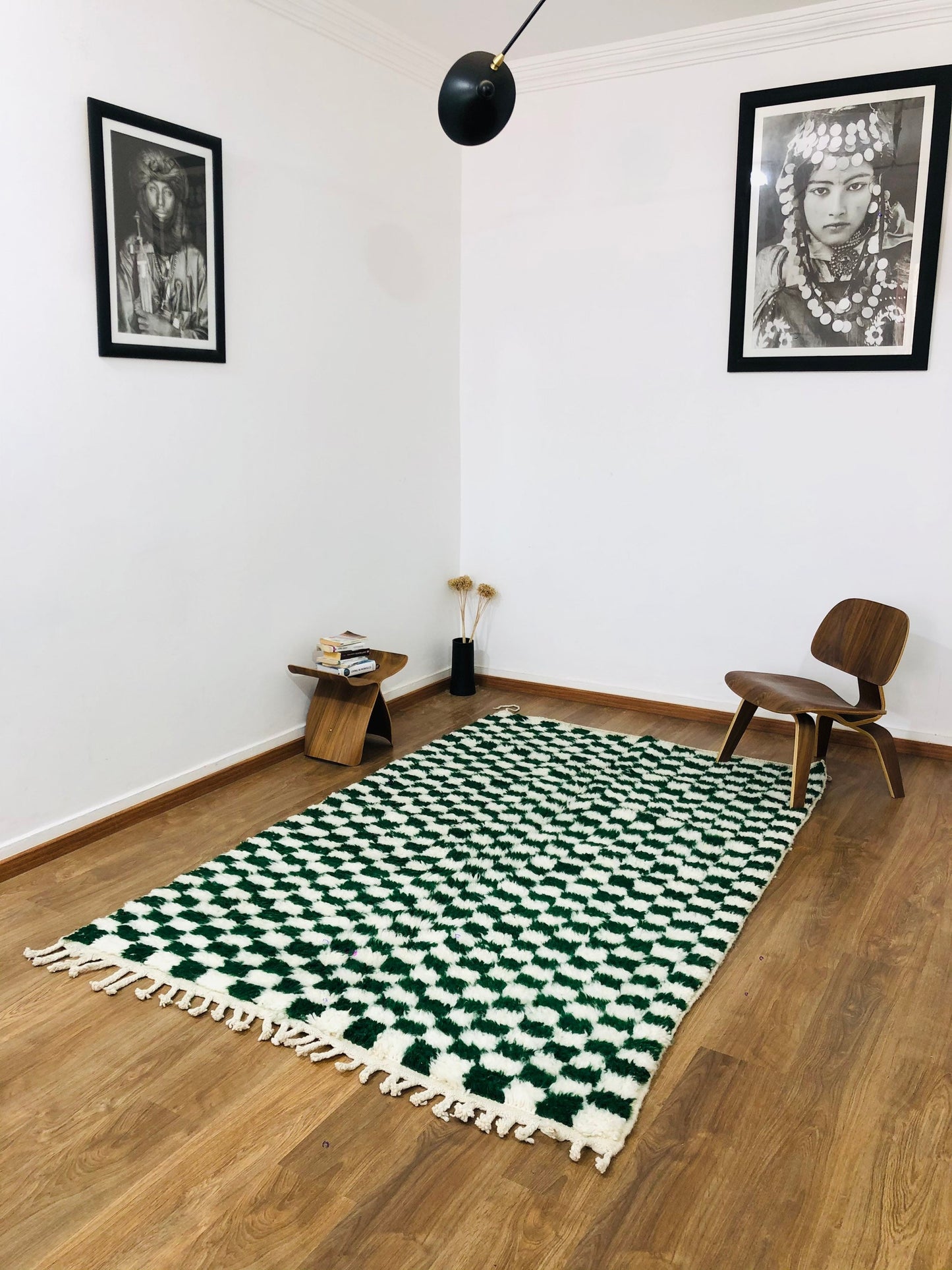Custom Handmade Moroccan Checkered Beber White & Green Wool Handwoven Rug - MarrakeshLoom