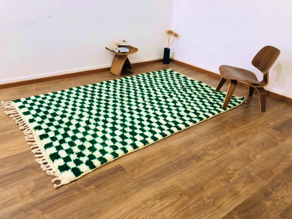 Custom Handmade Moroccan Checkered Beber White & Green Wool Handwoven Rug - MarrakeshLoom