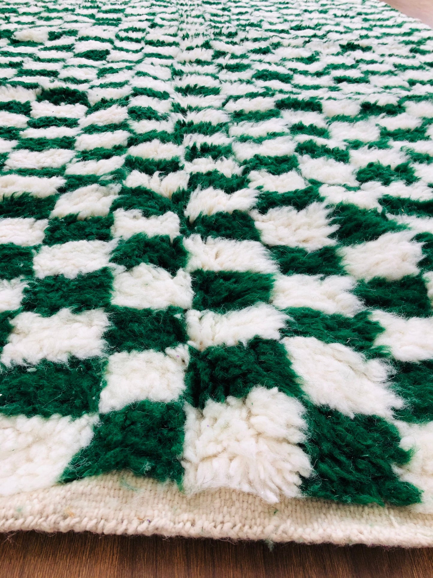 Custom Handmade Moroccan Checkered Beber White & Green Wool Handwoven Rug - MarrakeshLoom