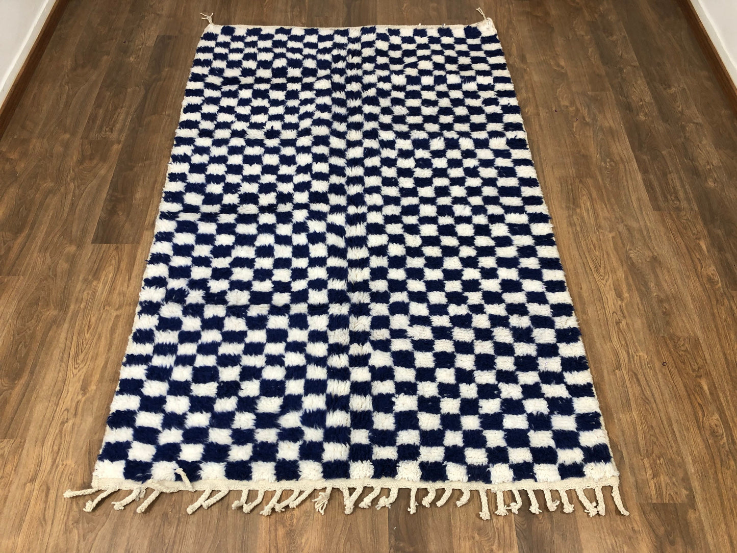 Custom Handmade Moroccan Checkered Beber White & Blue Wool Handwoven Rug - MarrakeshLoom