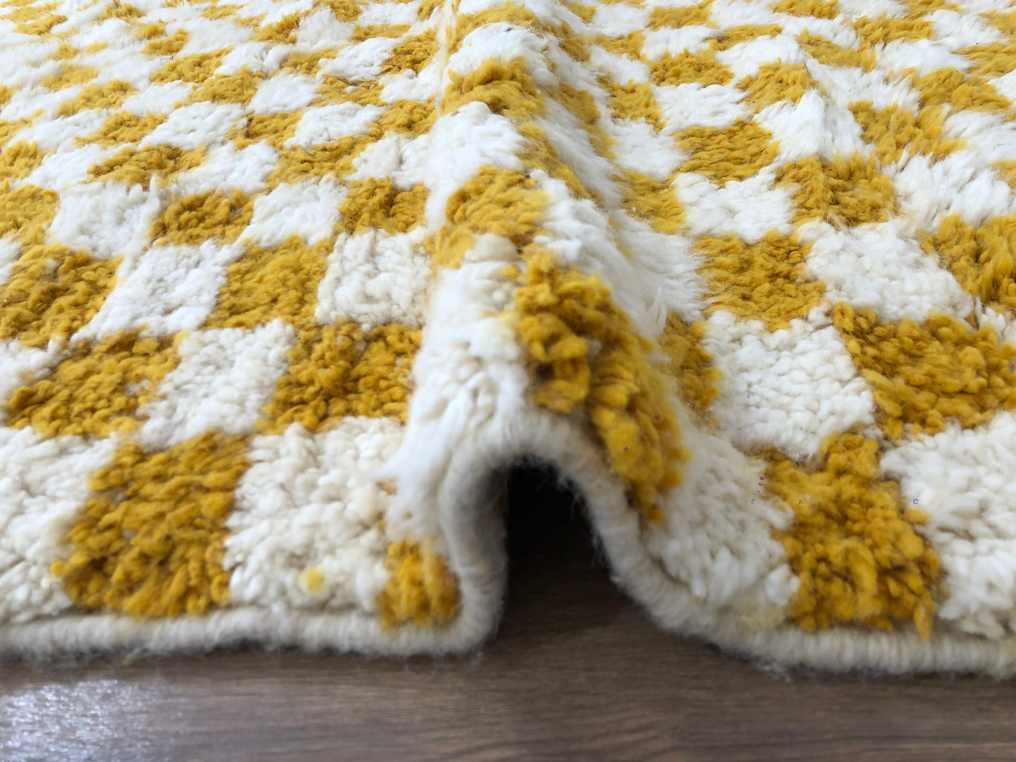Custom Handmade Moroccan Checkered Beber White & Mustard Yellow Handwoven Rug - MarrakeshLoom