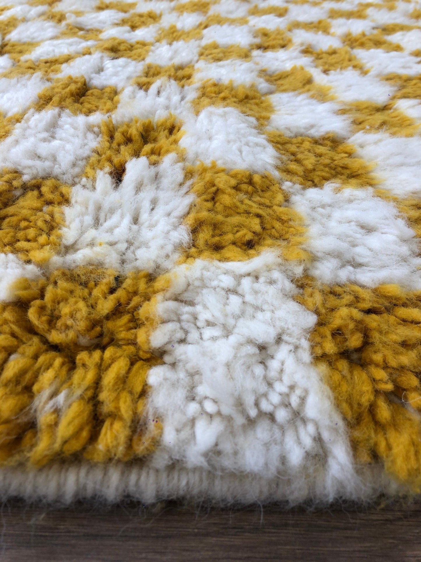 Custom Handmade Moroccan Checkered Beber White & Mustard Yellow Handwoven Rug - MarrakeshLoom