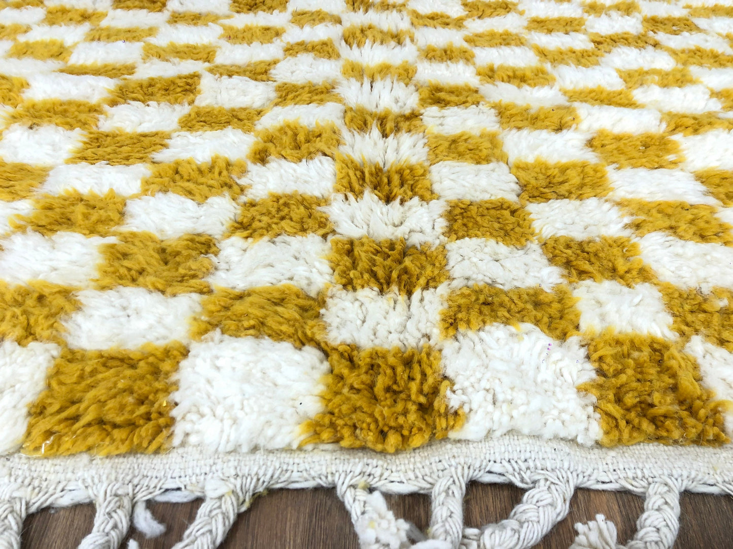 Custom Handmade Moroccan Checkered Beber White & Mustard Yellow Handwoven Rug - MarrakeshLoom