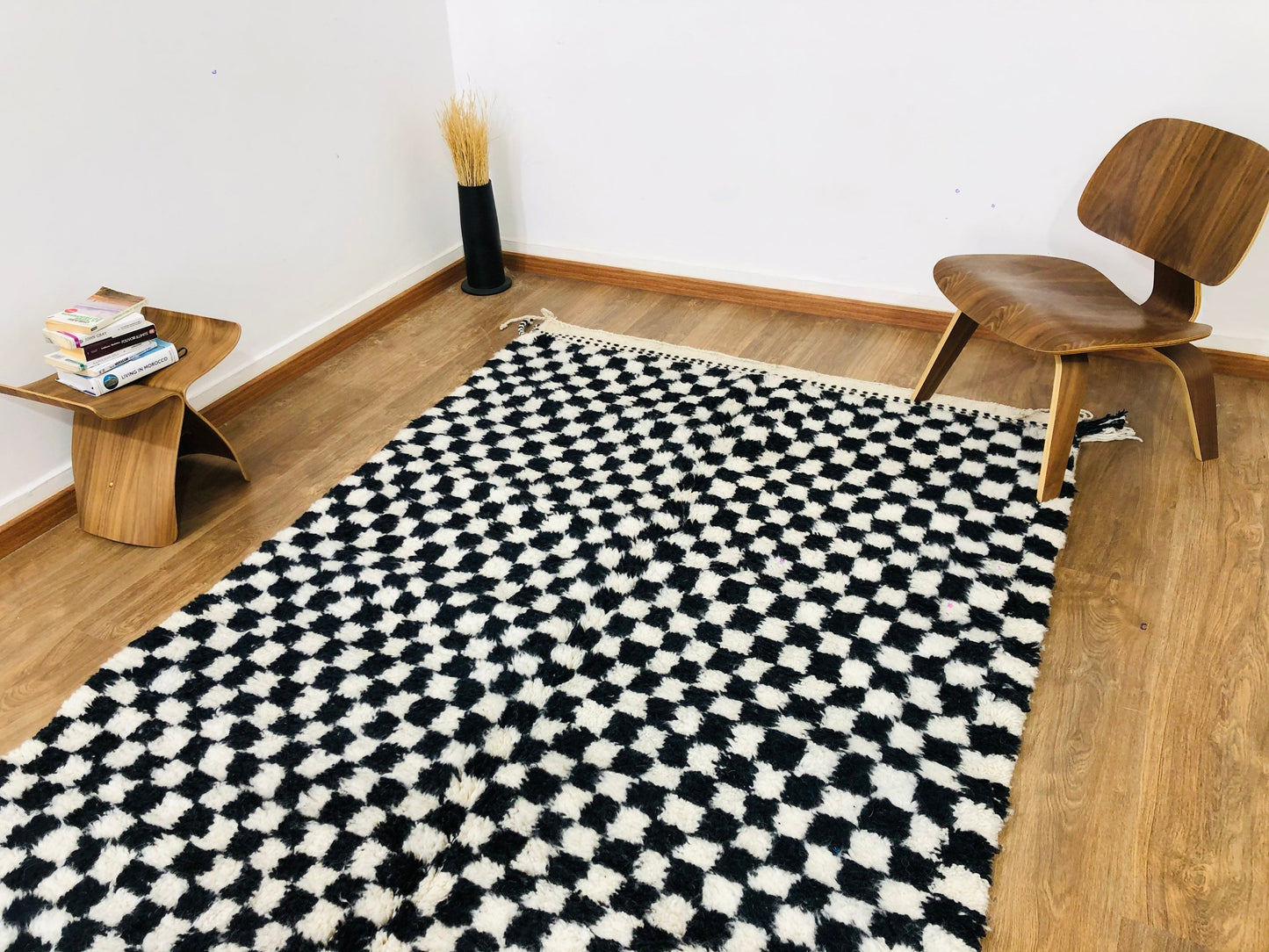 Custom Handmade Moroccan White & Black Wool Checkered Beber Rug - MarrakeshLoom