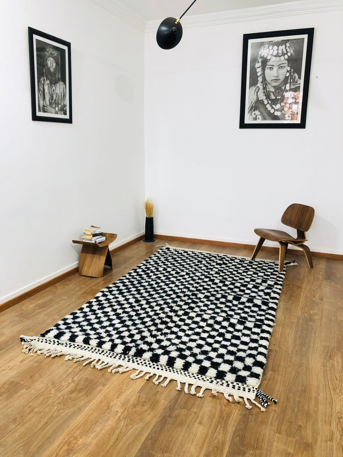 Custom Handmade Moroccan White & Black Wool Checkered Beber Rug - MarrakeshLoom