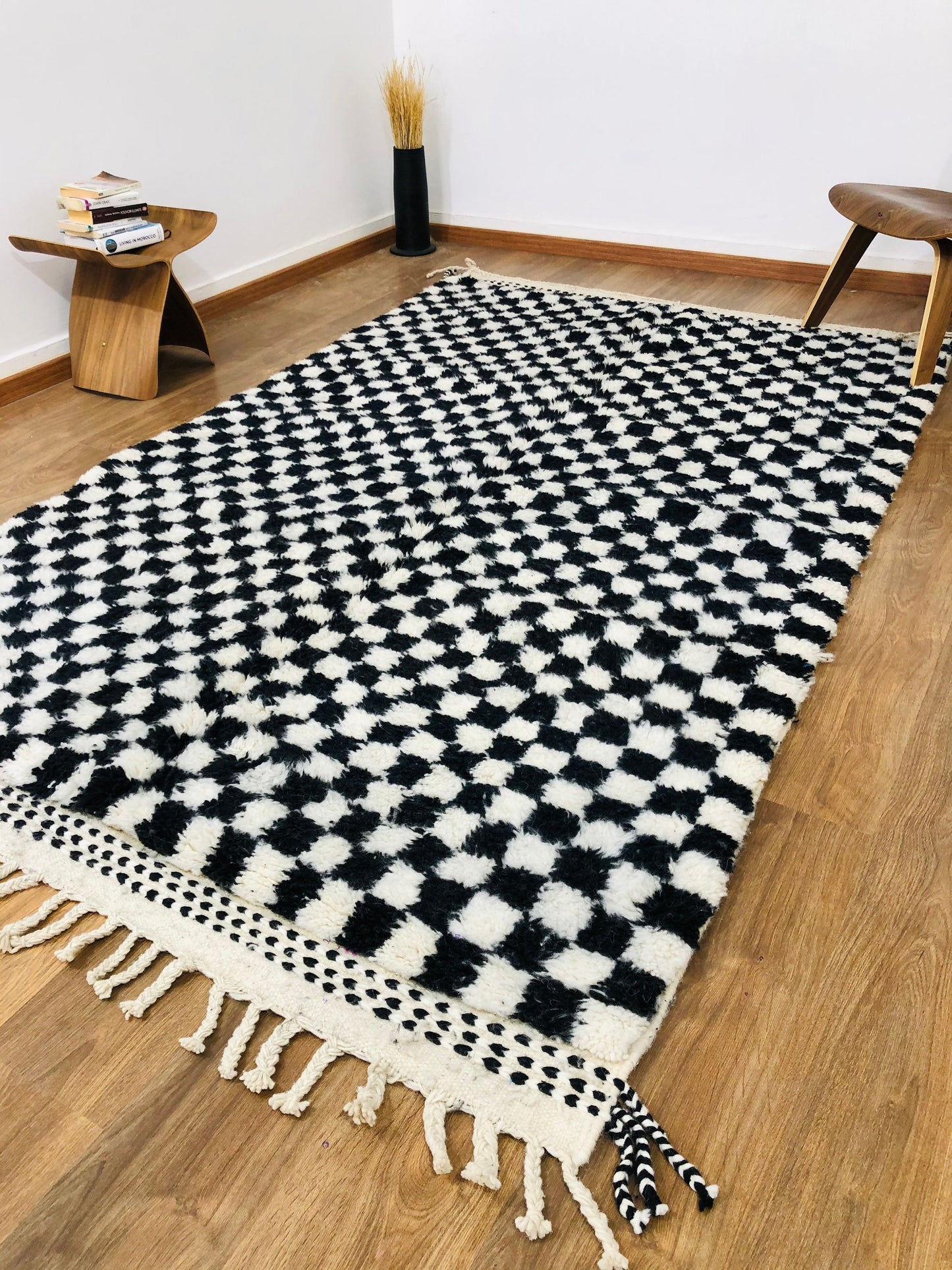 Custom Handmade Moroccan White & Black Wool Checkered Beber Rug - MarrakeshLoom