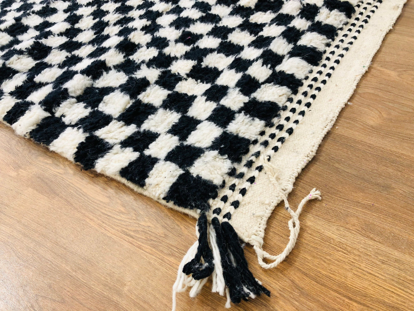 Custom Handmade Moroccan White & Black Wool Checkered Beber Rug - MarrakeshLoom