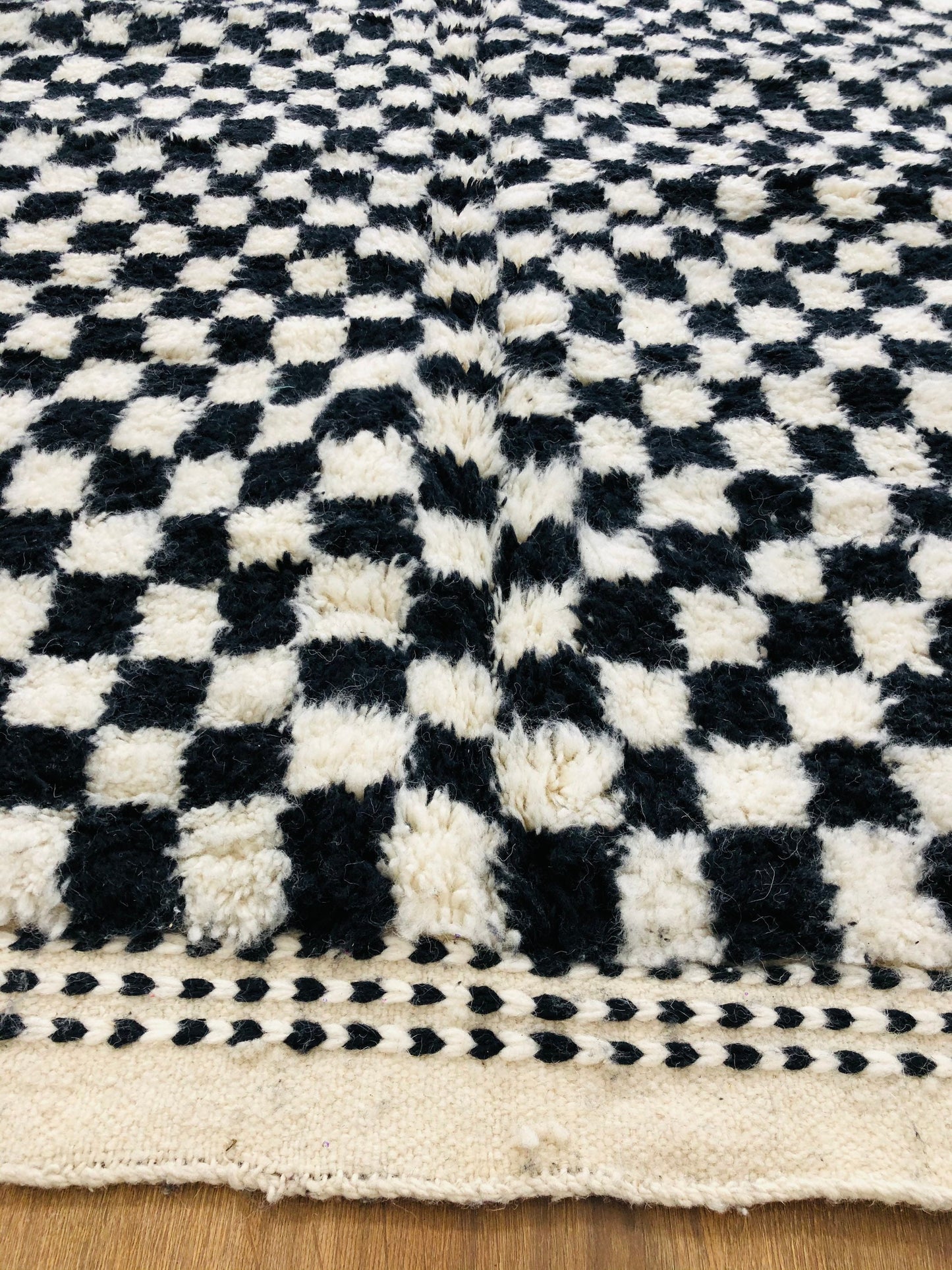Custom Handmade Moroccan White & Black Wool Checkered Beber Rug - MarrakeshLoom