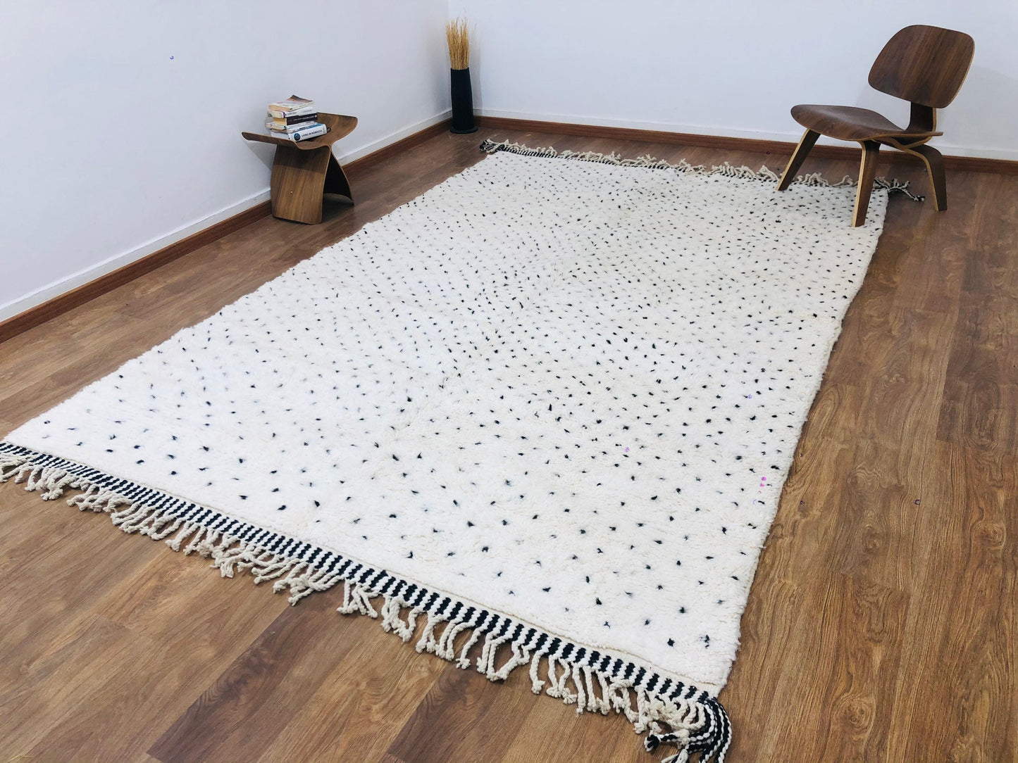 Custom Handmade Moroccan White Wool & Black Dots Berber Beni Ourain Rug - MarrakeshLoom