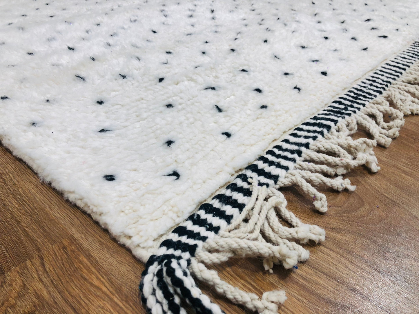 Custom Handmade White Wool & Black Dots Moroccan Beni Ourain Rug - MarrakeshLoom