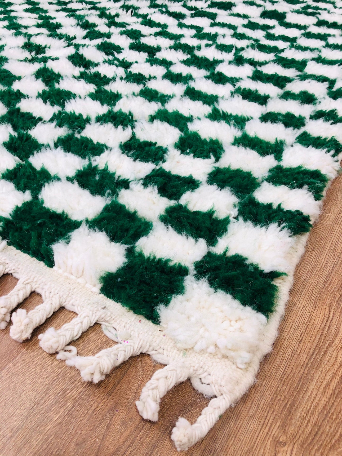 Custom Handmade Moroccan Checkered Beber White & Green Wool Handwoven Rug - MarrakeshLoom