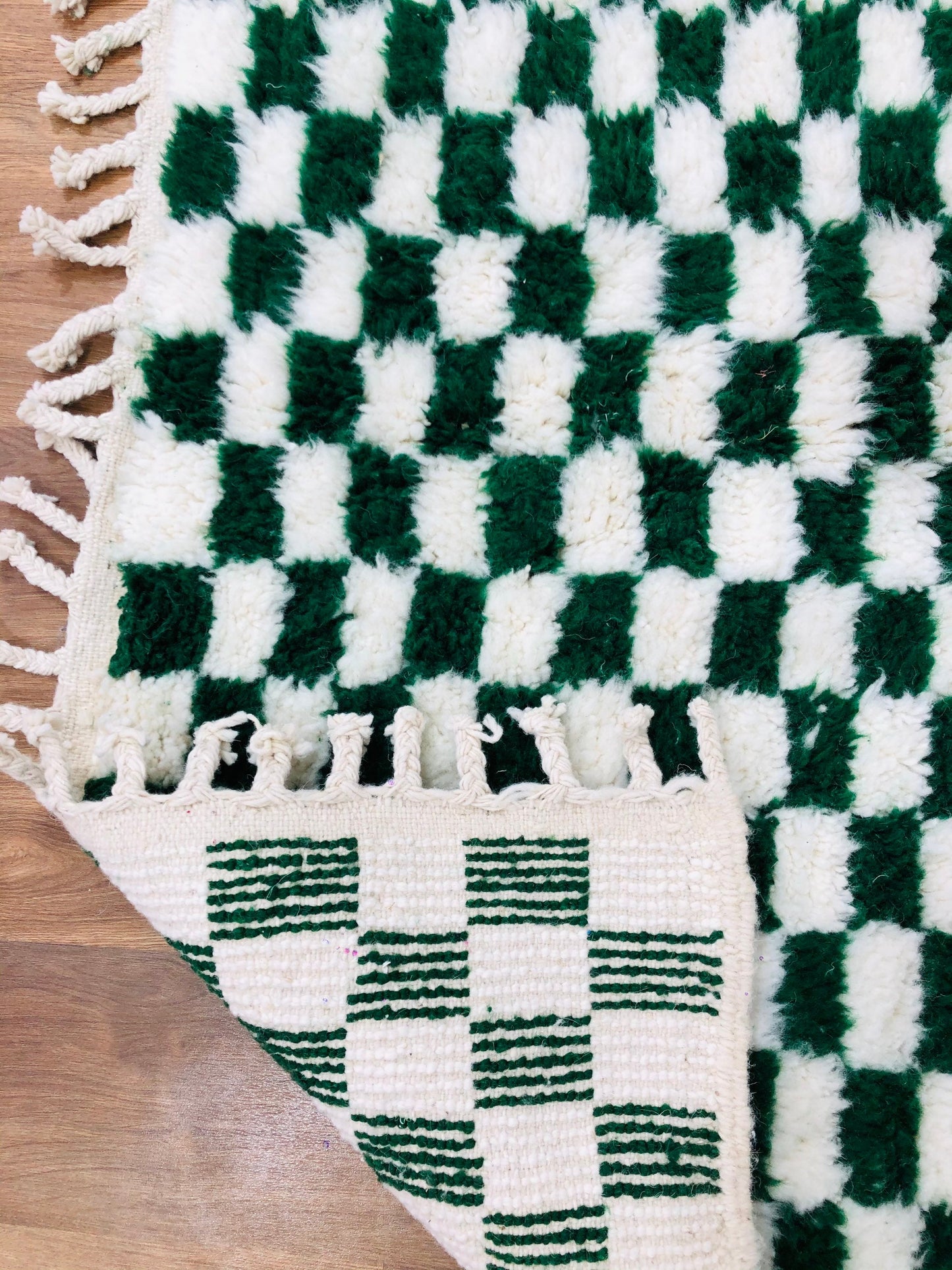 Custom Handmade Moroccan Checkered Beber White & Green Wool Handwoven Rug - MarrakeshLoom