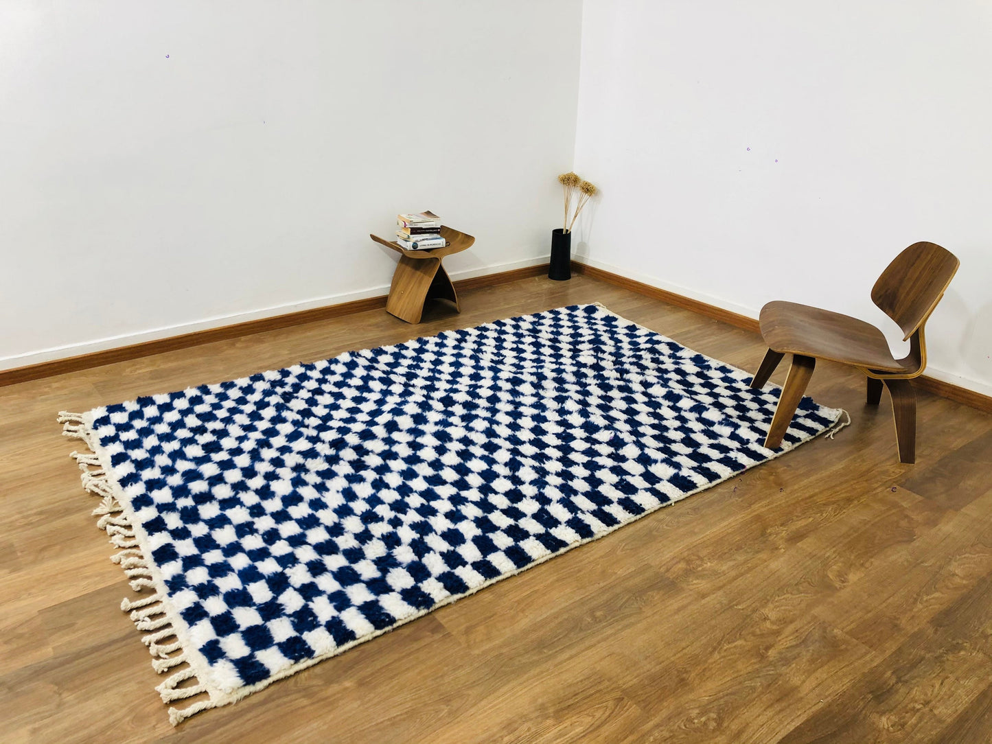 Custom Handmade Moroccan Checkered Beber White & Blue Wool Handwoven Rug - MarrakeshLoom