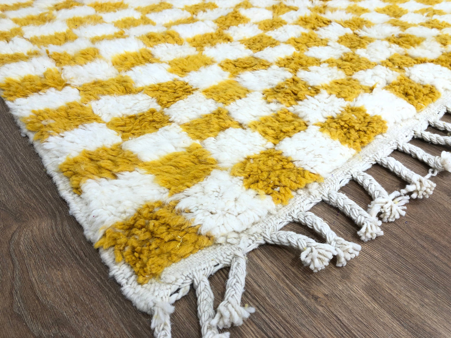 Custom Handmade Moroccan Checkered Beber White & Mustard Yellow Handwoven Rug - MarrakeshLoom