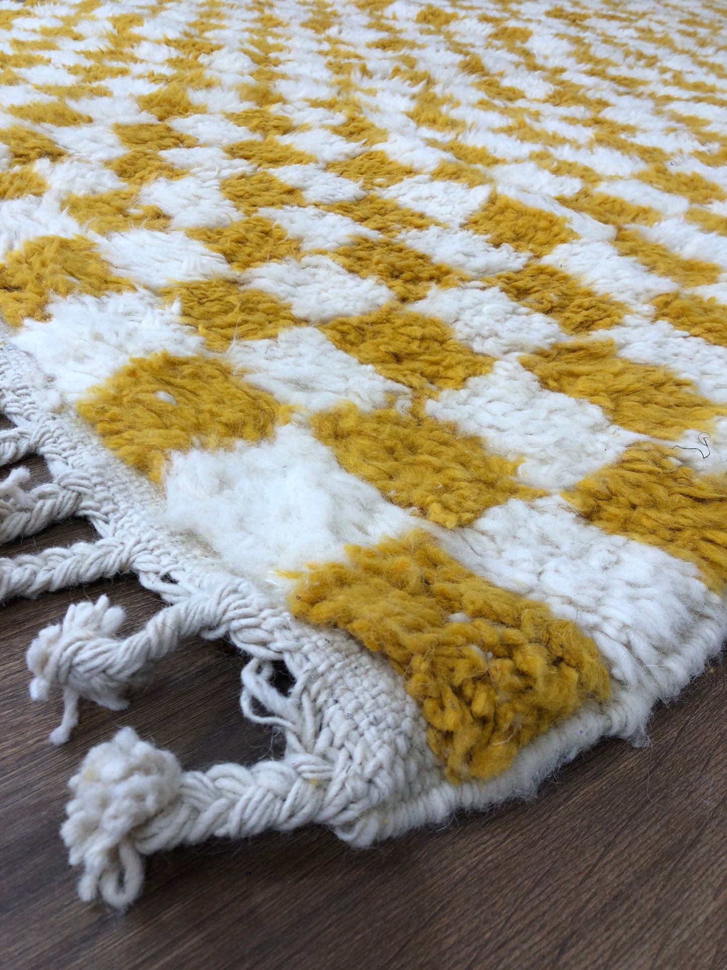 Custom Handmade Moroccan Checkered Beber White & Mustard Yellow Handwoven Rug - MarrakeshLoom