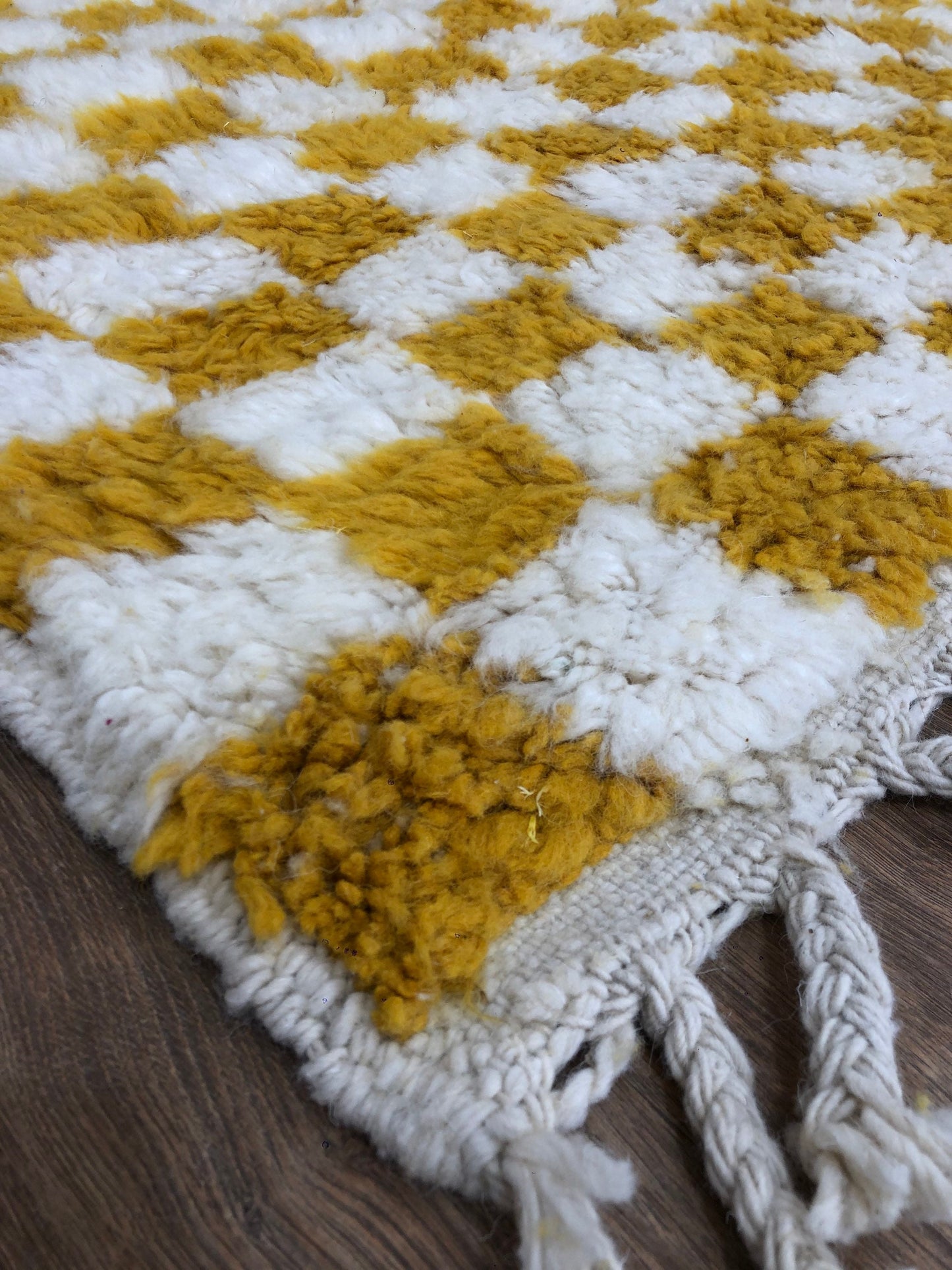 Custom Handmade Moroccan Checkered Beber White & Mustard Yellow Handwoven Rug - MarrakeshLoom
