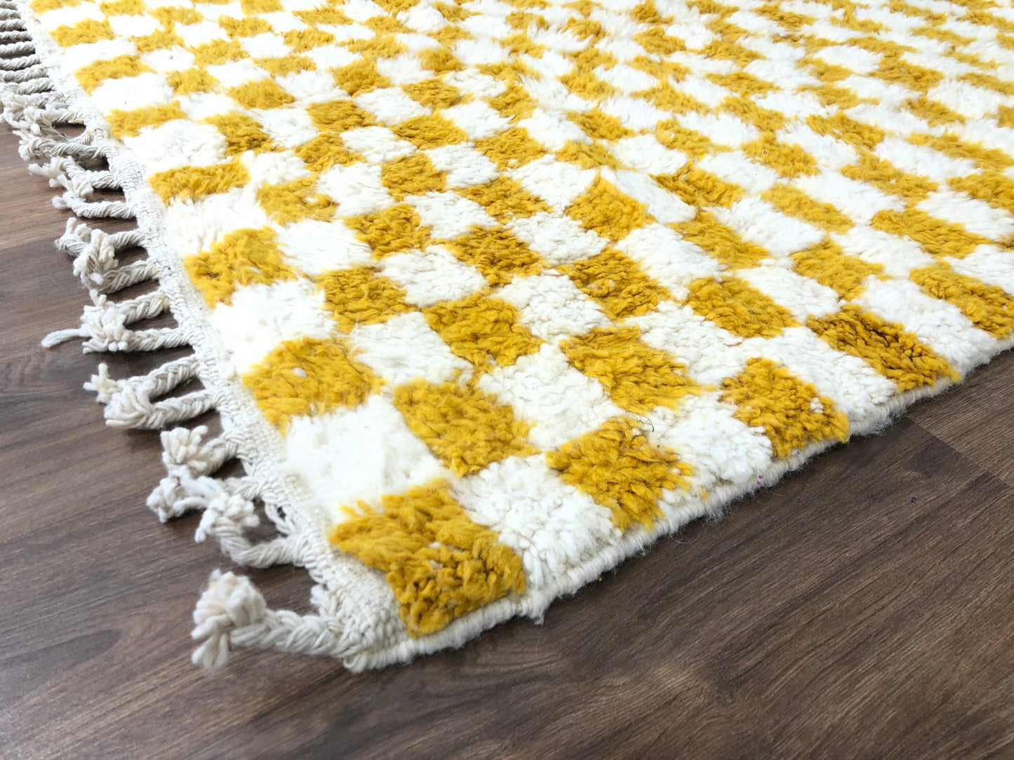 Custom Handmade Moroccan Checkered Beber White & Mustard Yellow Handwoven Rug - MarrakeshLoom