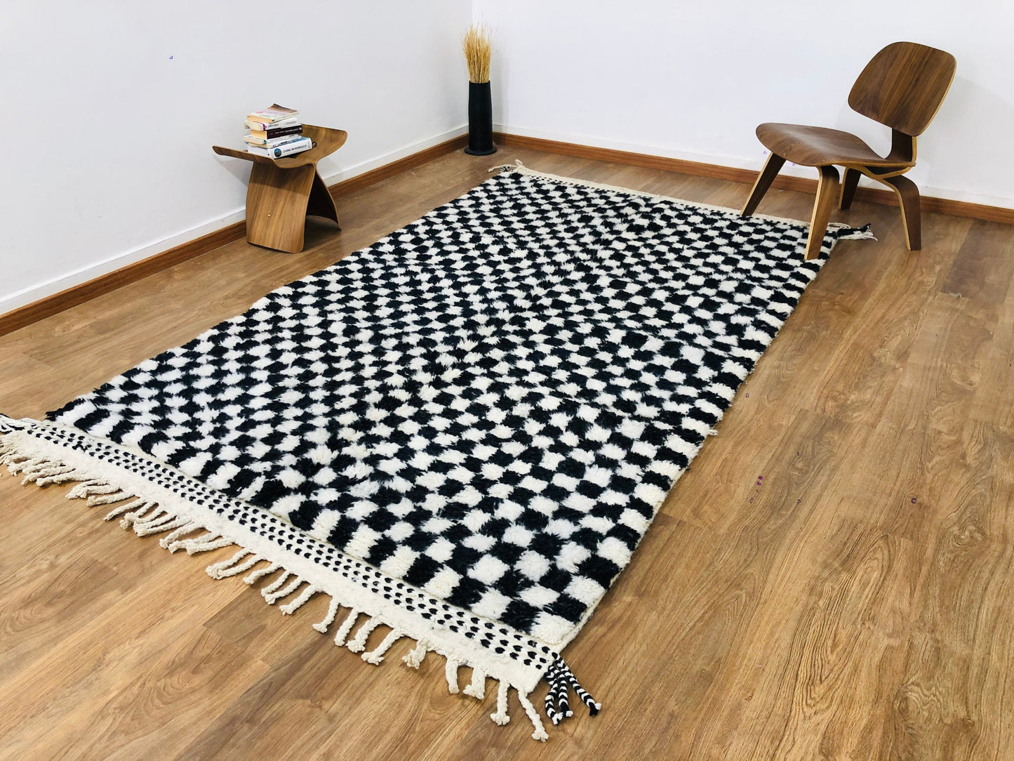 Custom Handmade Moroccan White & Black Wool Checkered Beber Rug - MarrakeshLoom