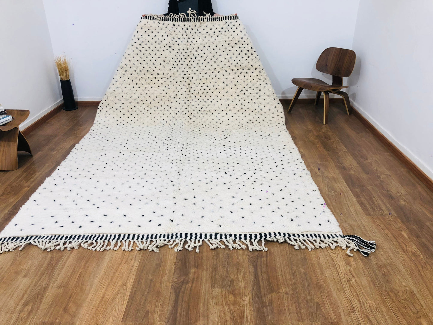 Custom Handmade Moroccan White Wool & Black Dots Berber Beni Ourain Rug - MarrakeshLoom