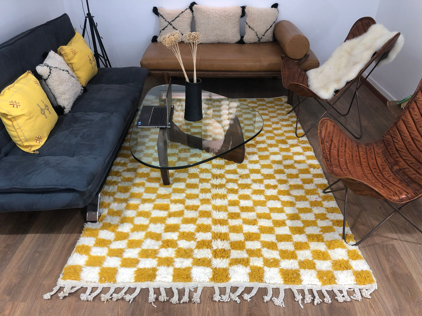 Custom Handmade Moroccan Checkered Beber White & Mustard Yellow Handwoven Rug - MarrakeshLoom