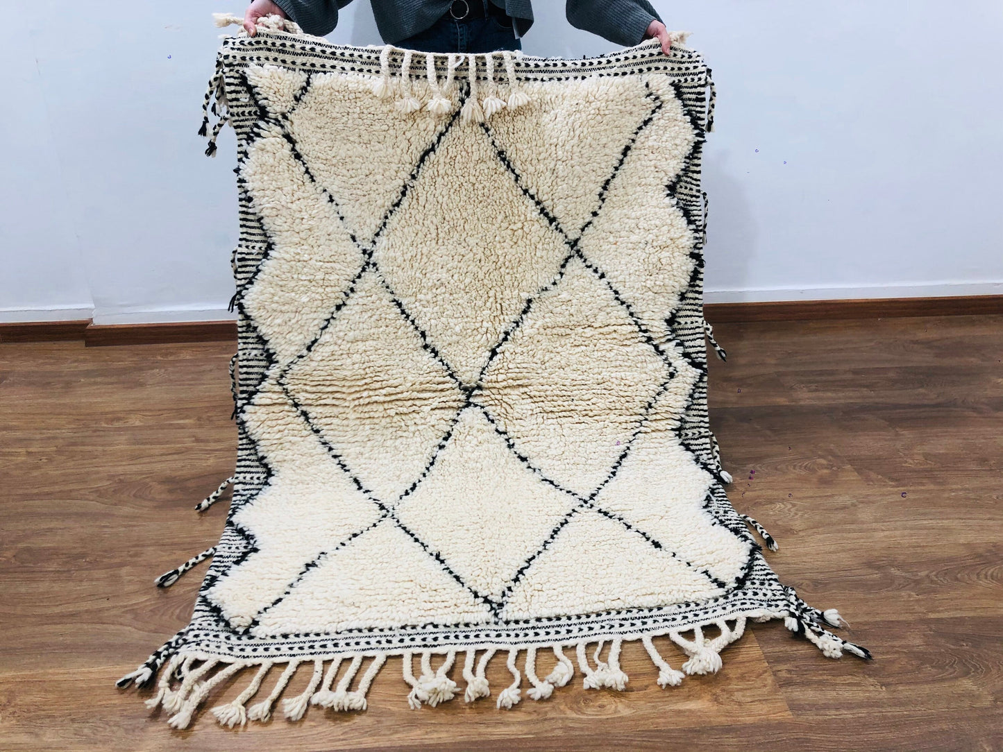 Custom Handmade Moroccan White Wool & Black Lozenge Beni Ourain Rug - MarrakeshLoom