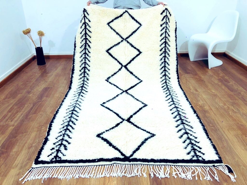 Custom Handmade Moroccan White & Black Geometric Beni Ourain Rug - MarrakeshLoom