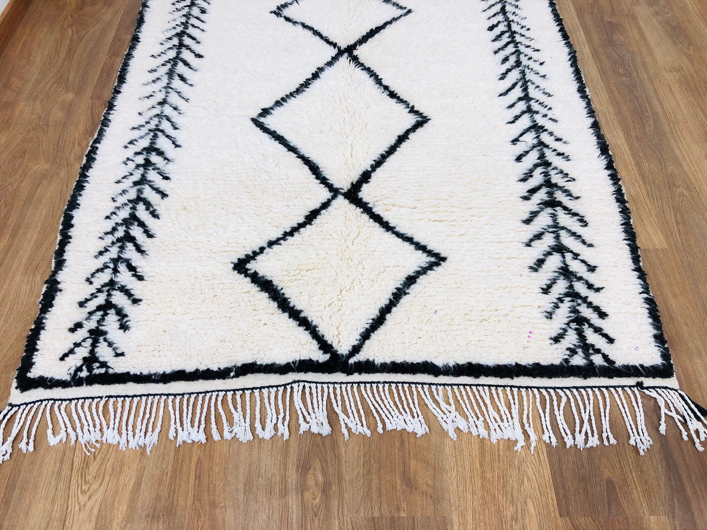 Custom Handmade Moroccan White & Black Geometric Beni Ourain Rug - MarrakeshLoom