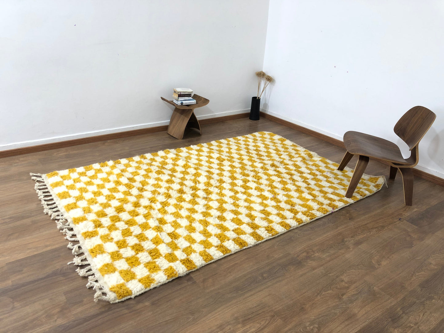 Custom Handmade Moroccan Yellow & White Wool Checkered Rug - MarrakeshLoom