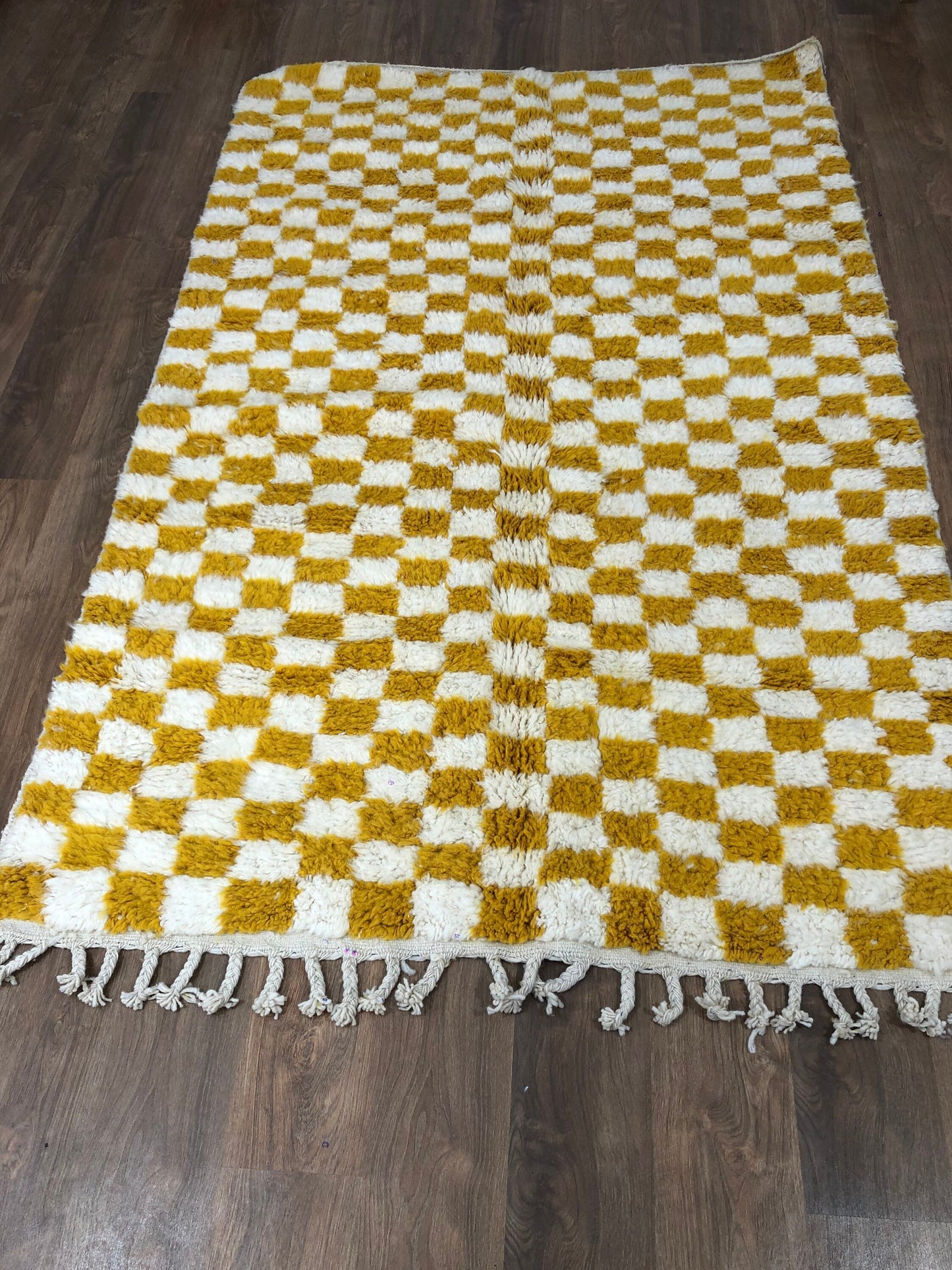 Custom Handmade Moroccan Yellow & White Wool Checkered Rug - MarrakeshLoom
