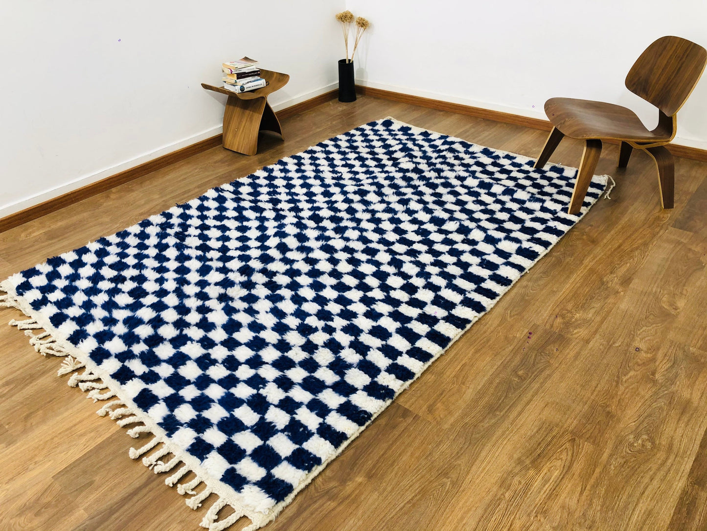 Custom Handmade Moroccan Blue & White Wool Checkered Rug - MarrakeshLoom