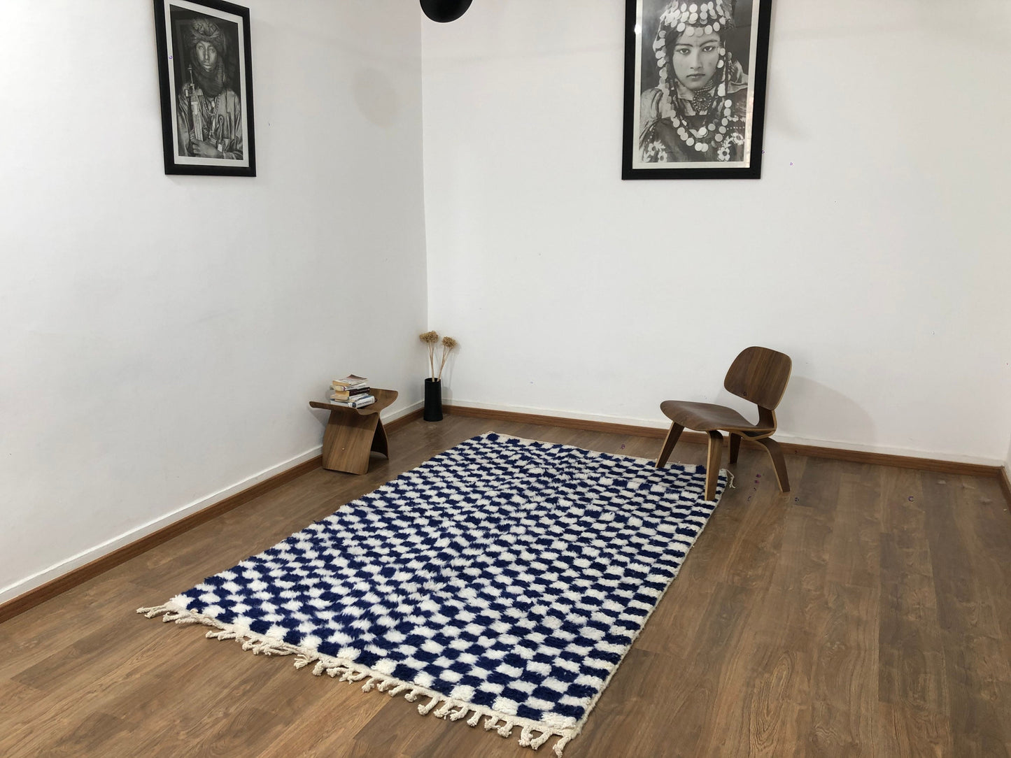 Custom Handmade Moroccan Blue & White Wool Checkered Rug - MarrakeshLoom