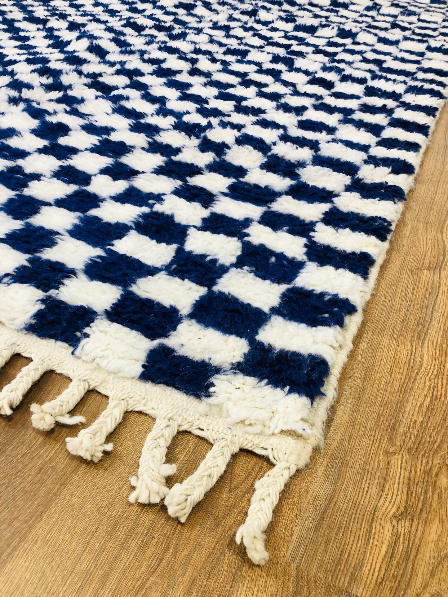 Custom Handmade Moroccan Blue & White Wool Checkered Rug - MarrakeshLoom