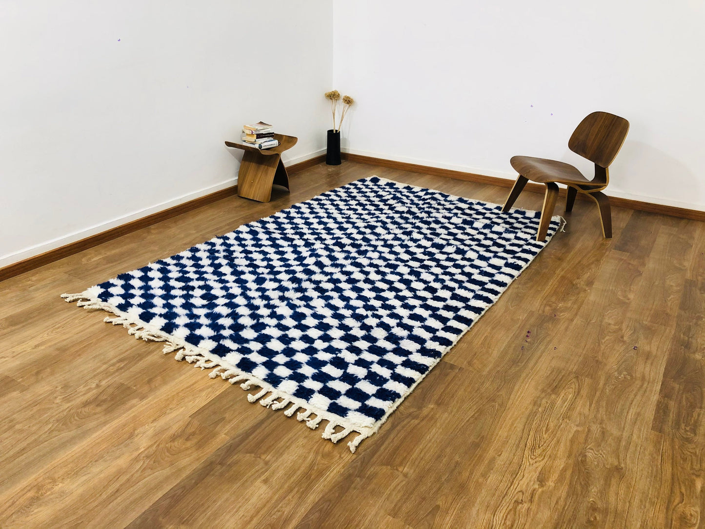 Custom Handmade Moroccan Blue & White Wool Checkered Rug - MarrakeshLoom