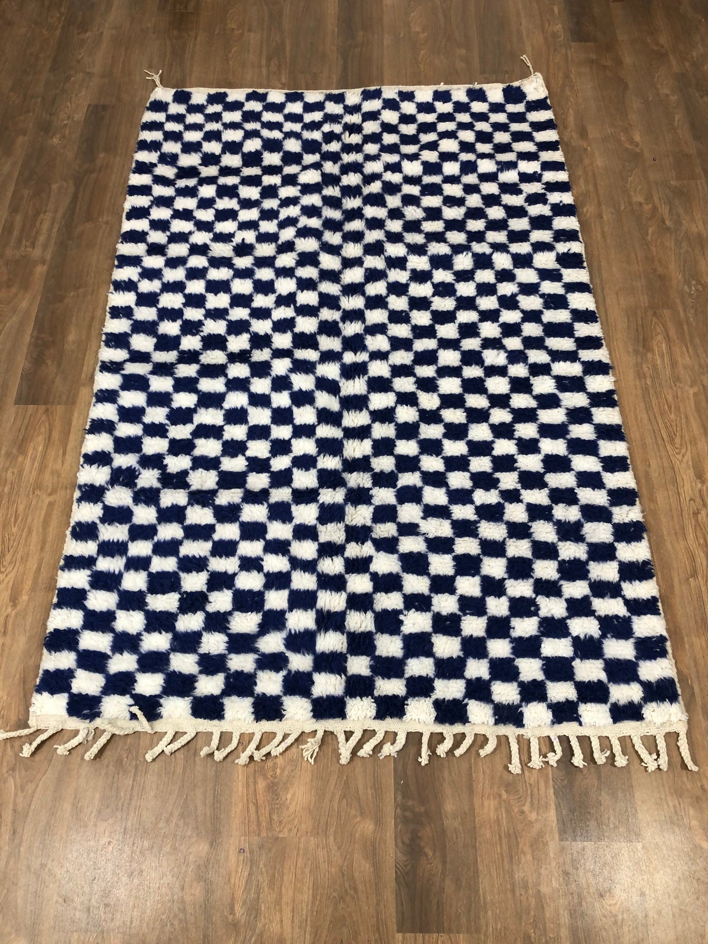 Custom Handmade Moroccan Blue & White Wool Checkered Rug - MarrakeshLoom