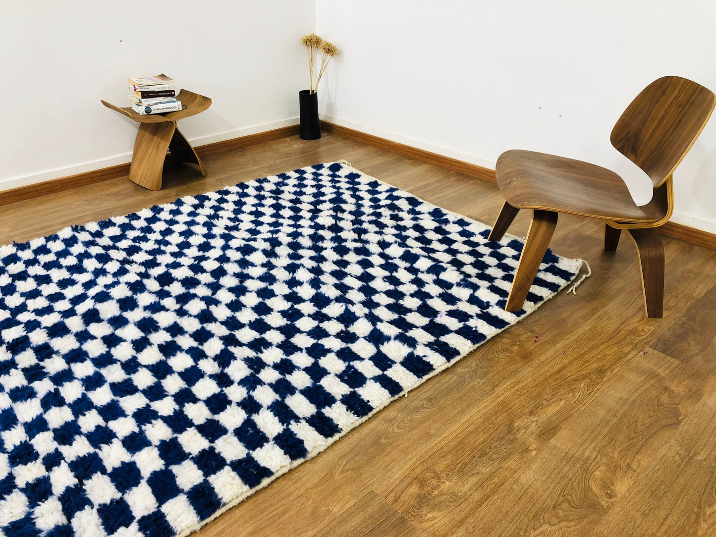 Custom Handmade Moroccan Blue & White Wool Checkered Rug - MarrakeshLoom