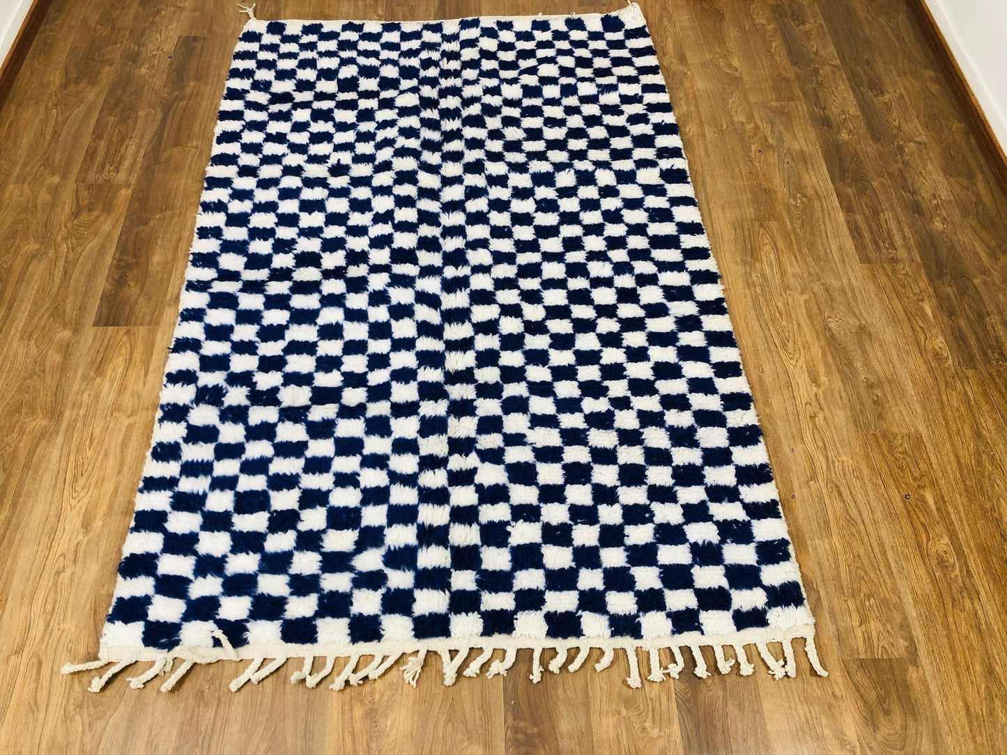 Custom Handmade Moroccan Blue & White Wool Checkered Rug - MarrakeshLoom