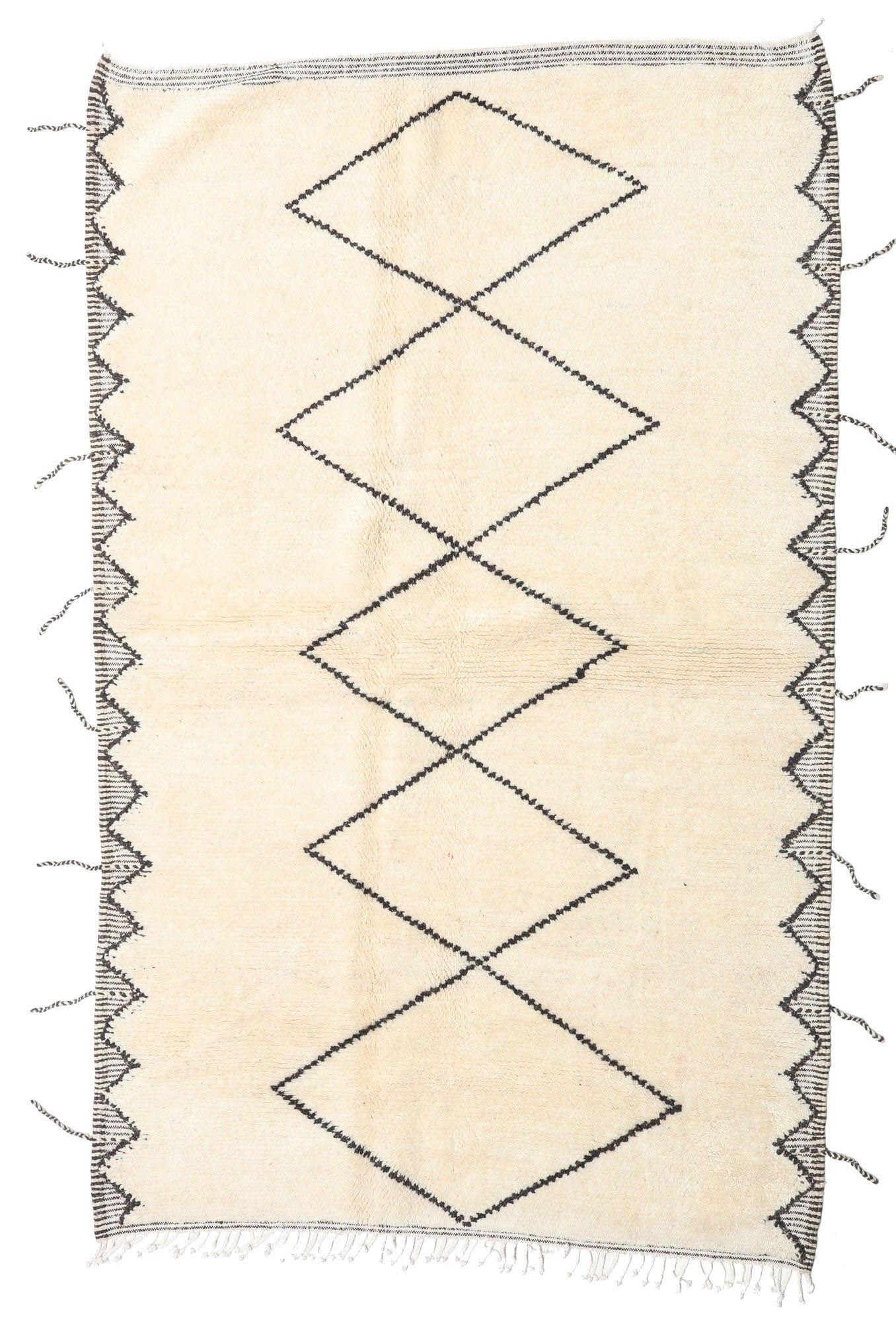 Custom Handmade White Wool & Black Lozenge Moroccan Beni Ourain Rug - MarrakeshLoom
