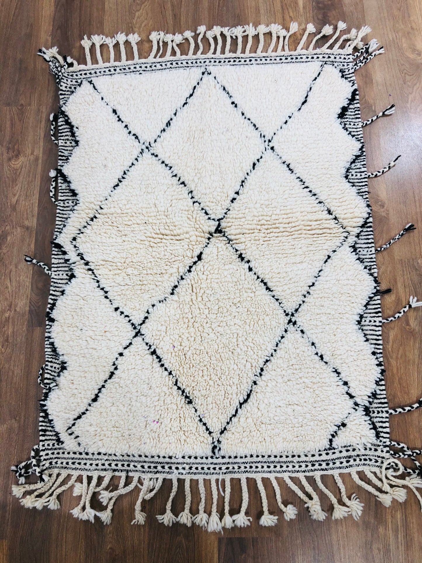 Custom Handmade Moroccan White Wool & Black Lozenge Beni Ourain Rug - MarrakeshLoom