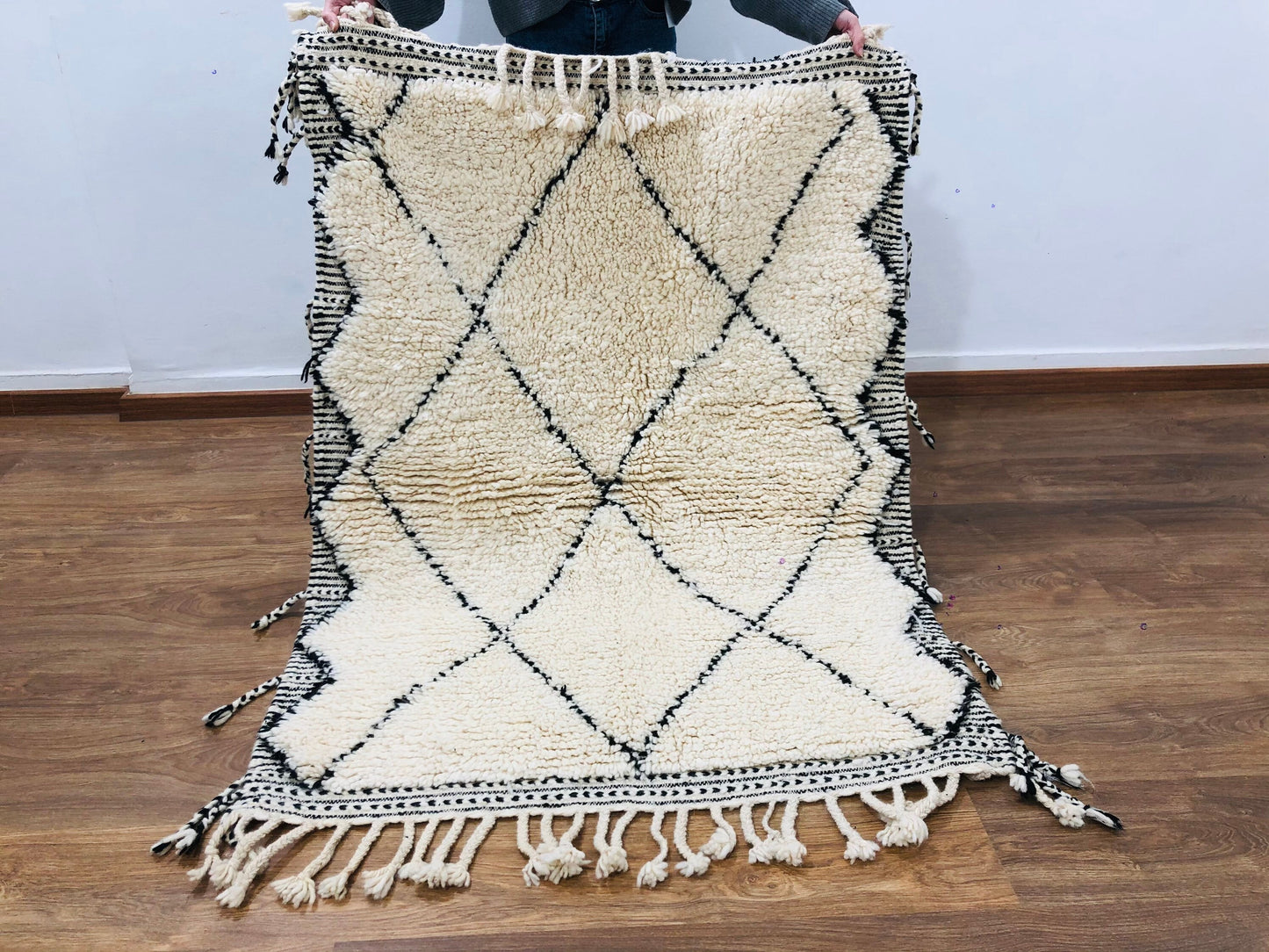 Custom Handmade Moroccan White Wool & Black Lozenge Beni Ourain Rug - MarrakeshLoom